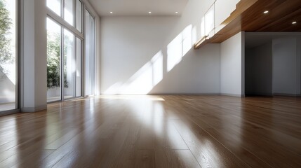 Obraz premium A bright and spacious room with polished wooden floors, large windows letting in natural light, creating a warm and inviting atmosphere.