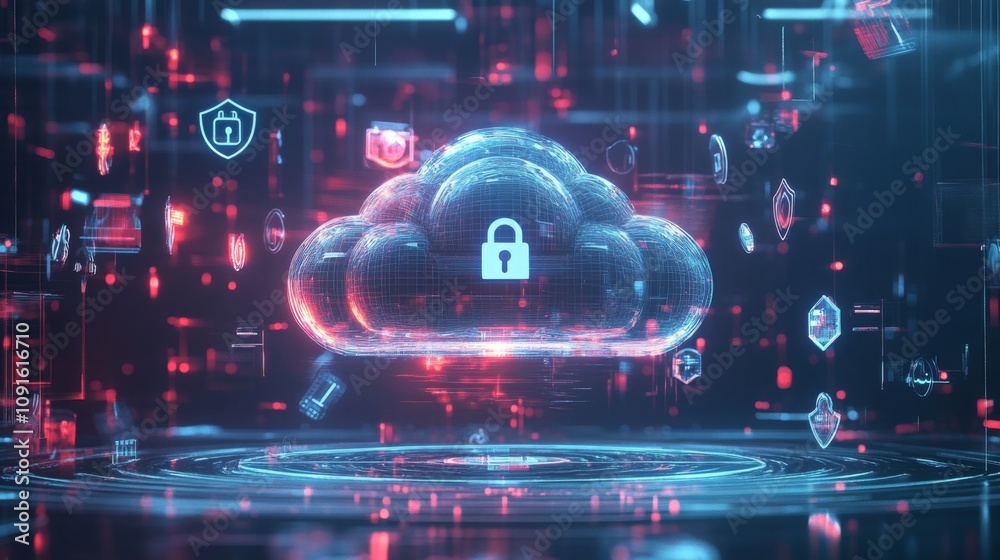 Aufkleber a visually striking display of a transparent cloud surrounded by various security symbols, represent