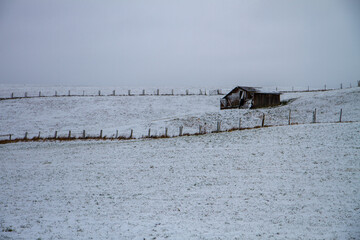 hut in landscape with snow
