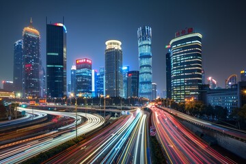 Fototapeta premium The skyline displays tall, glowing skyscrapers under a night sky, while busy traffic creates light streaks below, capturing a vibrant urban atmosphere.
