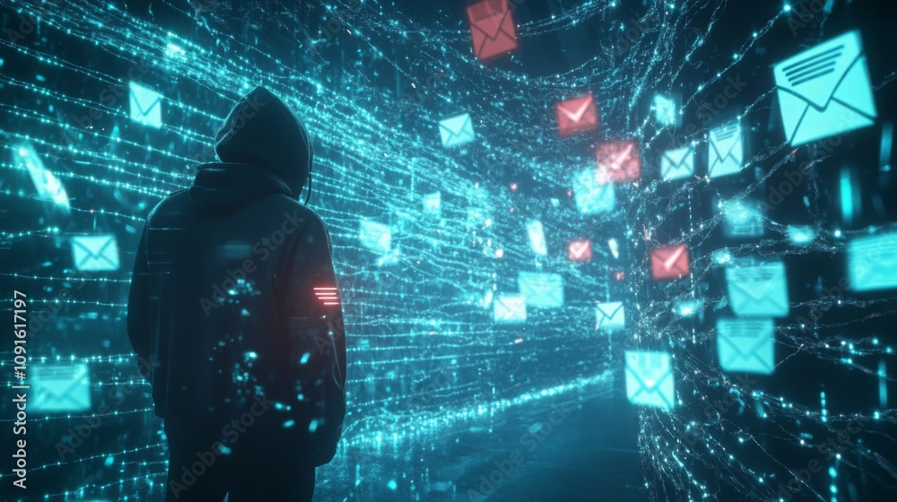 Poster a figure wearing a dark hoodie stands alone in a futuristic digital environment filled with floating