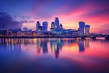 Fototapeta premium A stunning city skyline glows in vibrant colors during twilight, with reflections shimmering on the River Thames and construction cranes dotting the landscape.