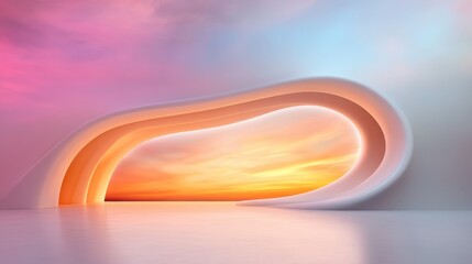 An abstract composition of sleek, bending curves framing a stunning and colorful sunset horizon, creating a surreal and otherworldly visual sensation.