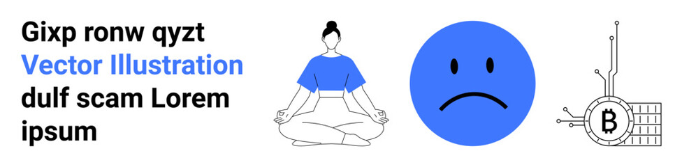Fototapeta premium Meditation pose, sad blue emotion, Bitcoin network graphic, and placeholder text. Ideal for wellness, emotions, cryptocurrency, technology, finance, AI, and marketing Landing page