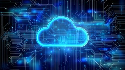 Obraz premium The image shows a digital illustration of a cloud icon, glowing blue, set against a background of blue circuit boards.