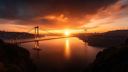 Obraz premium A breathtaking view of a beautifully illuminated suspension bridge during a vibrant sunset, casting reflections across a calm waterway with a tranquil atmosphere.