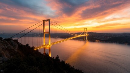 Obraz premium A stunning visual of a city's skyline dominated by a grand suspension bridge; golden hues from the sunset reflect beautifully on the river below, creating a warm ambiance.