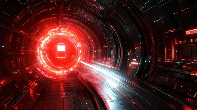 A glowing red portal with a white padlock symbol in a futuristic tunnel.
