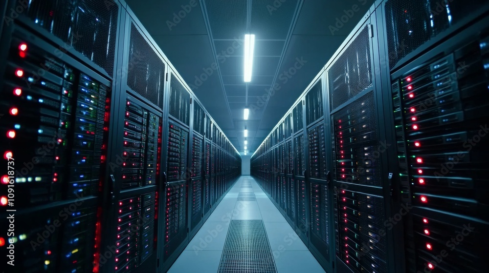Aufkleber Rows of servers line a dimly lit corridor in a modern data center, their lights blinking steadily. The atmosphere is technical and high-tech, illustrating the complexity of data management.