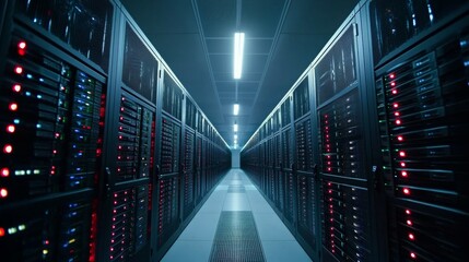 Fototapeta premium Rows of servers line a dimly lit corridor in a modern data center, their lights blinking steadily. The atmosphere is technical and high-tech, illustrating the complexity of data management.