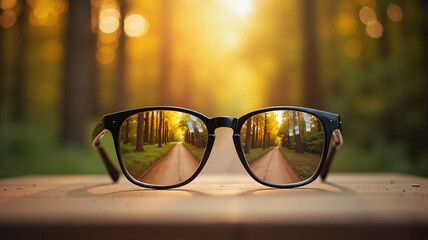 Eyeglasses on table reflecting green forest surroundings