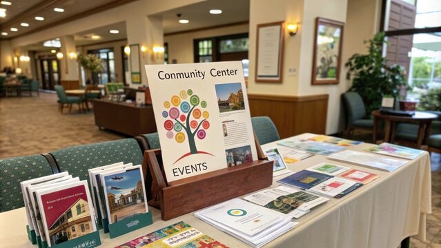 A table displaying pamphlets and flyers for upcoming charity events in a community center.