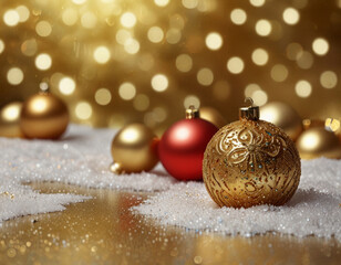 abstract gold background with glitter snow and Christmas decorations