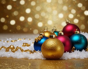 abstract gold background with glitter snow and Christmas decorations