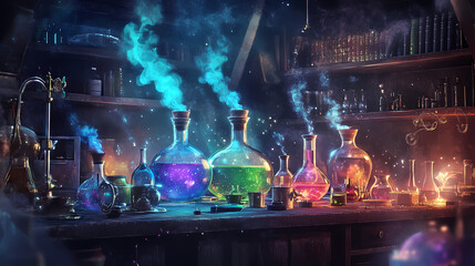 A mystical laboratory scene featuring colorful potions and magical vapors. Magical Potion Laboratory. Illustration
