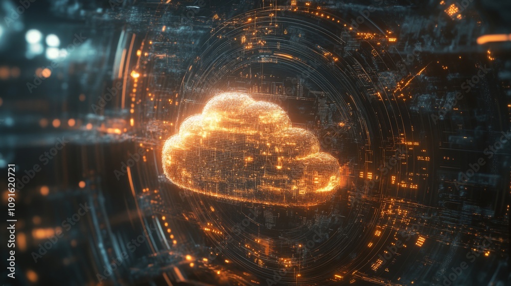 Poster A glowing representation of a digital cloud floats amidst intricate circuitry and data streams in a futuristic setting.
