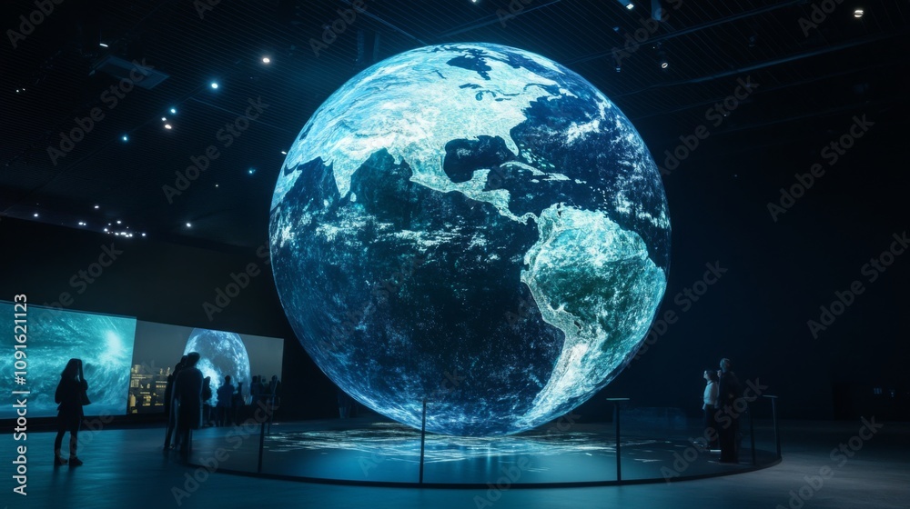 Poster visitors admire a large, illuminated globe representing earth in a modern exhibition space. the atmo