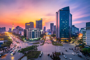 Fototapeta premium The cityscape of Hanoi at sunset on Pham Hung Street in the Cau Giay district