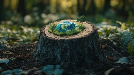 13 Climate Action Targets icons Earth The 17 Global Goals for 2030 Mos on Tree stump Nature Background