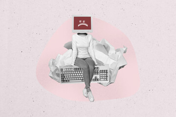 Template collage design trend artwork sketch of headless young lady sit huge keyboard obsolete...