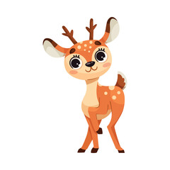 Obraz premium Cute Reindeer Baby with Spotted Body and Antler Standing Vector Illustration