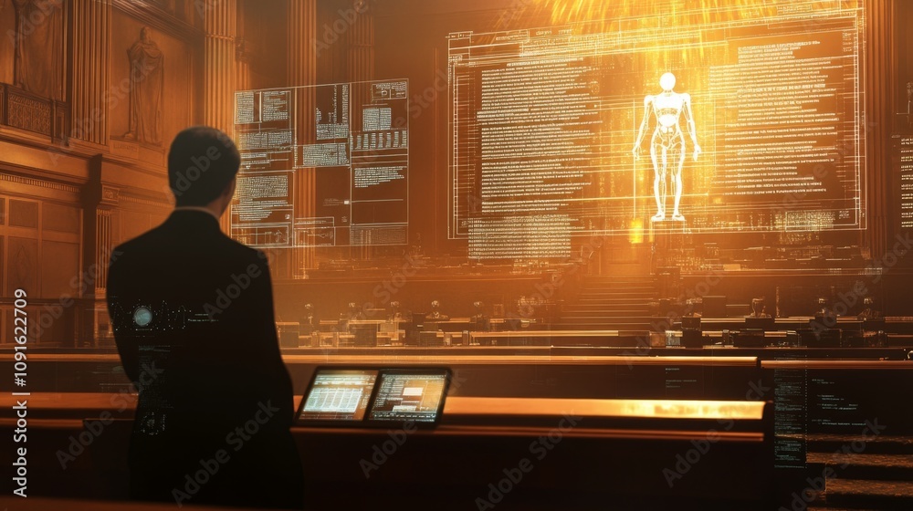 Aufkleber A man in a dark suit sits before multiple computer screens displaying complex code and a holographic human anatomy projection.