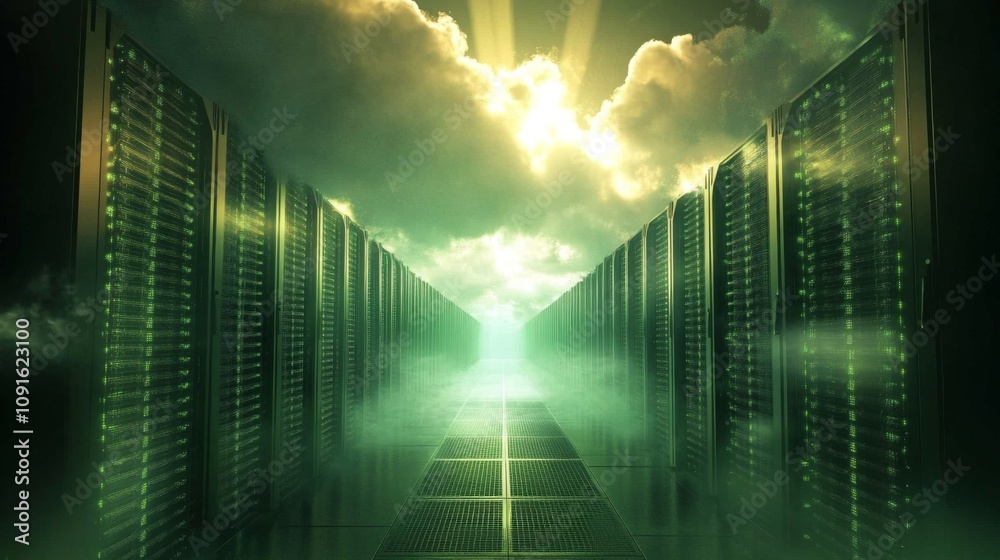 Poster A vast array of towering servers lines a path illuminated by shafts of light breaking through clouds. The scene evokes a sense of advanced technology in a mysterious, ethereal environment.