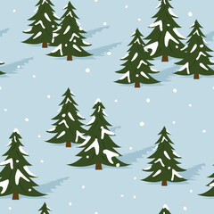Fototapeta premium seamless winter pattern with slope with green fir trees covered with snow; christmas background- vector illustration