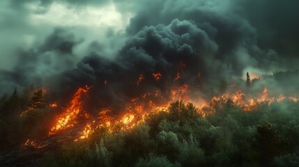 Fire in hot weather in the forest on the mountain