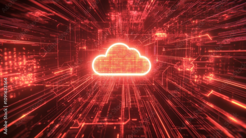 Poster A vibrant red cloud symbol is centrally displayed against an abstract background of digital data streams. The glowing design evokes a sense of advanced technology and connectivity.