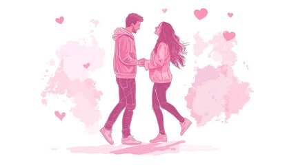 Tender scene of a couple holding hands amidst hearts.