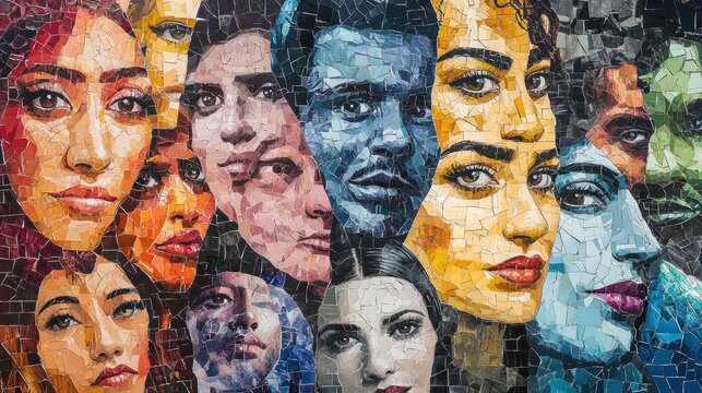 A vibrant mosaic featuring diverse faces showcasing a range of emotions, celebrating multiculturalism and artistic expression in urban settings.