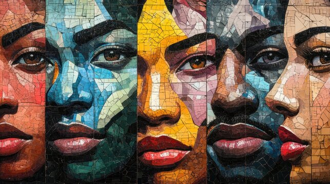 A vibrant mosaic featuring diverse faces showcasing a range of emotions, celebrating multiculturalism and artistic expression in urban settings.