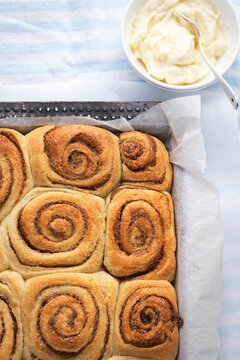 Cinnamon rolls. Traditional sweet baked goods. 