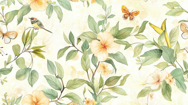 A painting of a flower garden with a bird and butterflies