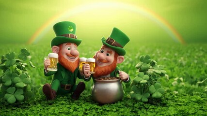 Two cheerful leprechauns holding beer mugs sit beside a pot of gold in a clover field under a rainbow. Saint Patricks's Day concept
