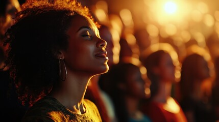 a. of a diverse choir singing at a spiritual gathering, with people from different faiths and cultures joining in harmony, Inclusive Communities, spiritual communitie