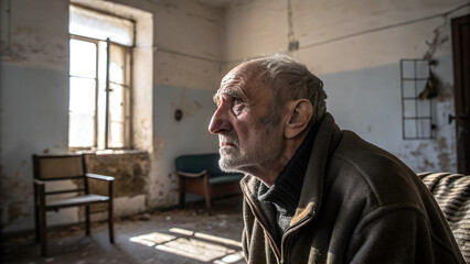 Fototapeta premium Trauriger alter Mann (Bauer / Farmer / Landwirt) sitzt allein und nachdenklich blickend in einem alten kahlen Zimmer. Bedrückende Stimmung