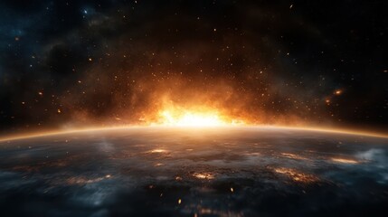 A massive fiery explosion spreads across the horizon of a planet, illuminating the cosmos with glowing orange hues, surrounded by distant stars and cosmic dust.