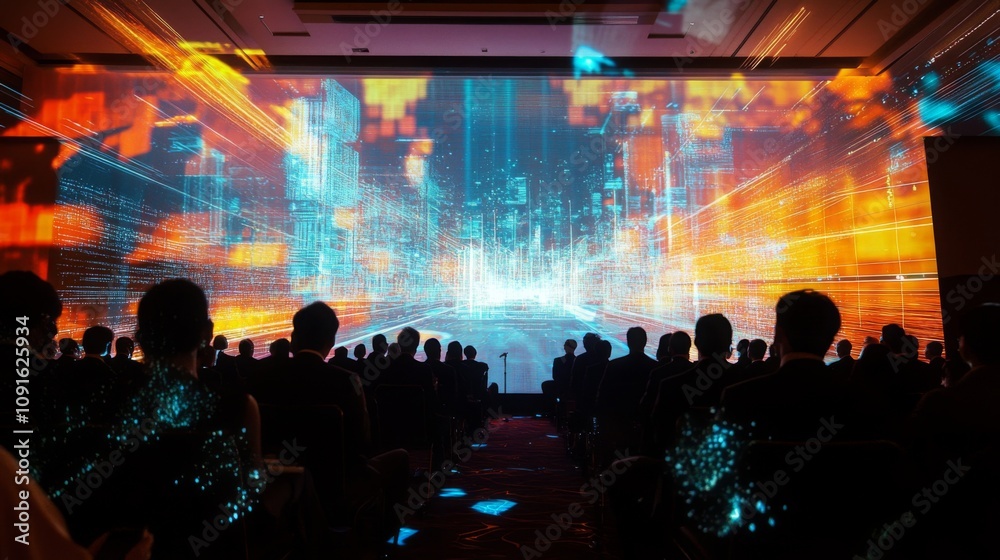 Poster participants engage attentively at a technology conference while vibrant digital projections illumin
