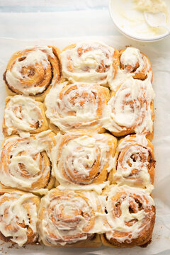 Traditional cinnamon rolls with cheese icing