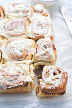 Traditional cinnamon rolls with cheese icing