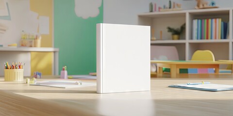 Blank Book Cover Mockup on a Classroom Desk