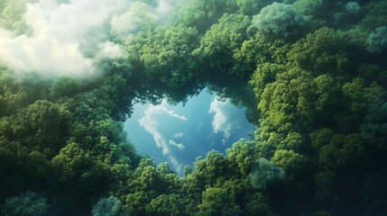 A heart-shaped lake in the middle of untouched nature - a concept illustrating the issues of nature conservation, bio-products and the protection of forests and woodlands in general. 3d rendering