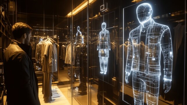 A man stands in front of a digital mirror displaying virtual outfits in a sleek clothing store. The ambient lighting enhances the futuristic design, creating an engaging shopping experience at night.