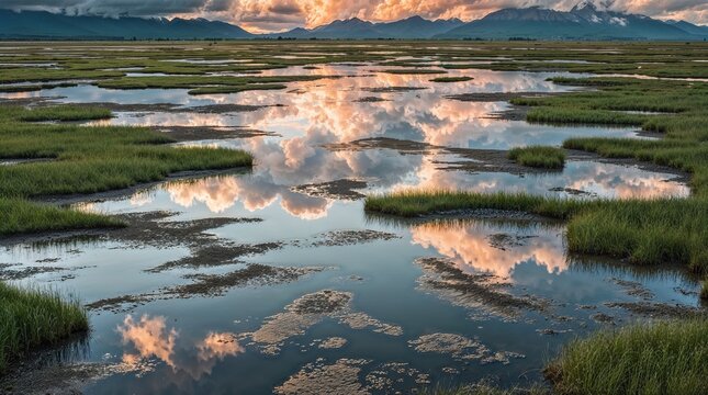 Landscape illustration of a tranquil marsh at sunset. A network of shallow channels interspersed with lush green grass, a patchwork effect. The water reflects the sky.