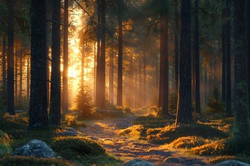 Fototapeta premium Sunlight filters through trees in a serene forest landscape