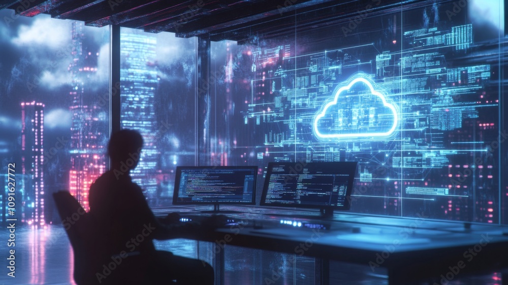 Poster A person sits in an office chair in front of a large computer desk with two monitors. The person appears to be looking at a screen with glowing blue code.