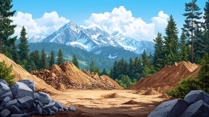 Fototapeta premium Scenic Mountain Landscape with Piles of Dirt and Rocks Under a Bright Blue Sky and Lush Green Forest Ideal for Nature and Adventure Themes