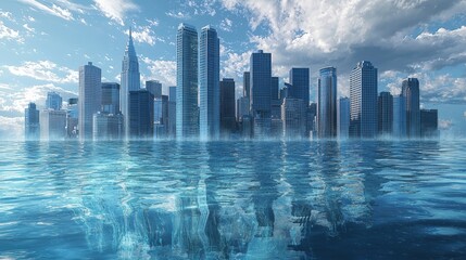 Fototapeta premium Surreal Cityscape Reflection in Water Under Dramatic Skies with Urban Architecture and Skyscrapers in a Dreamlike Atmosphere
